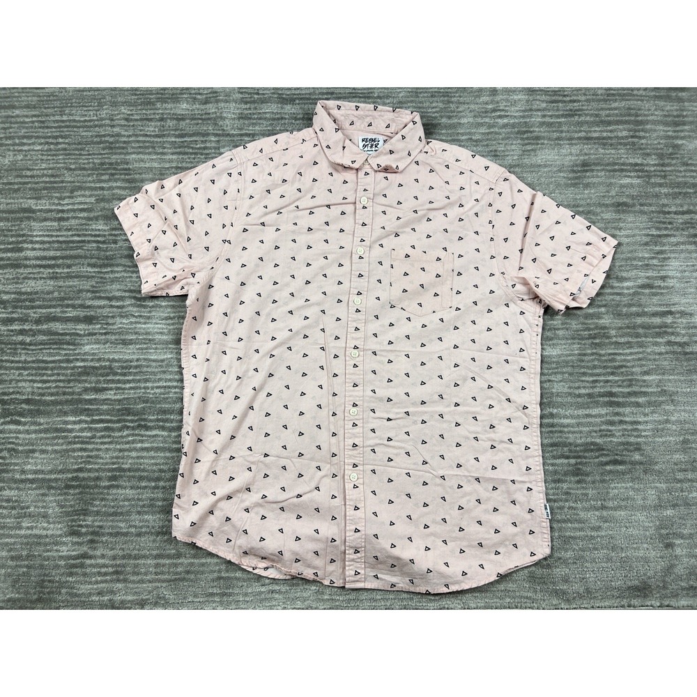 Rebel Star Button Down Shirt Mens XL Pink Triangle Print Short Sleeve Cotton